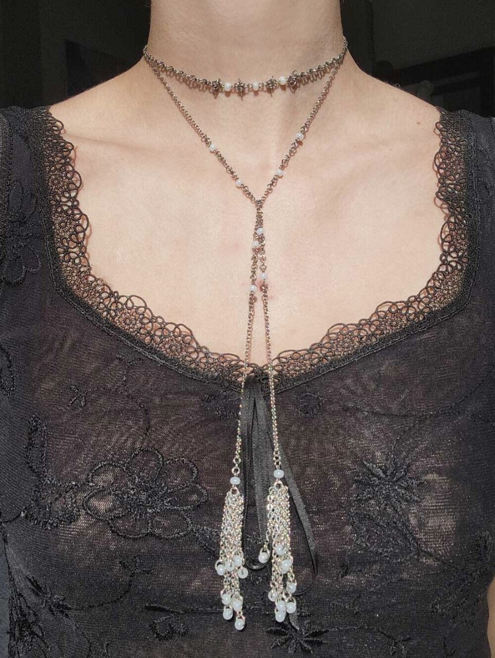 1930s silver flapper style tassel necklace with real pearls
